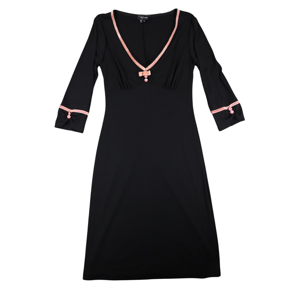 My Michelle Dress Medium Women Y2K Black Pink Velvet Trim V-Neck Sheath C832